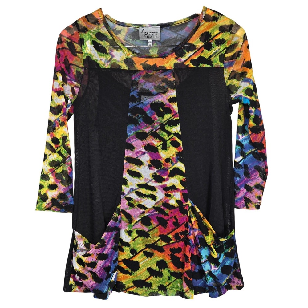 Lynn Ritchie Silver Womens Multi Color‎ Neon Leopard Mesh Layered Top & Cami Y2K